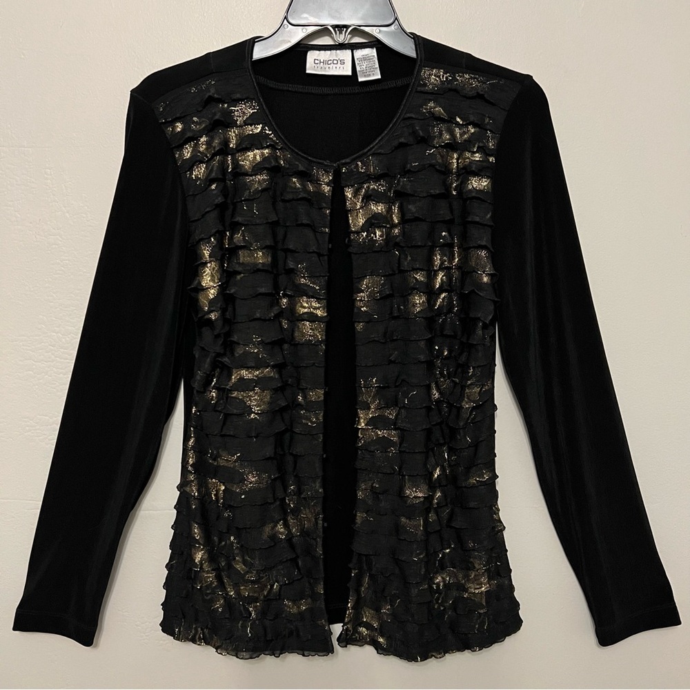 Chico's Travelers Elegant‎ Ruffle Black Gold Slinky Knit Cardigan 0 Smalll